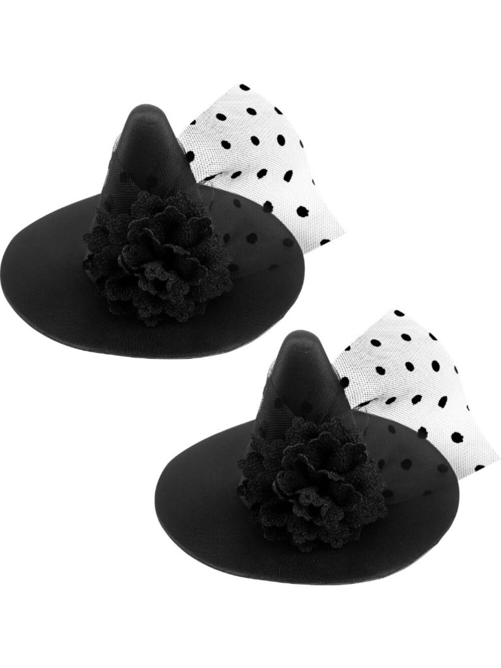 2 Pack Halloween Witch Hat Hair Clips with Black Flower Veil - Costume Accessory